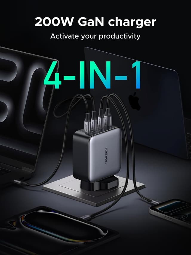 Detalle 2 de UGREEN Nexode 200W USB‑C Charger (NEXODE 3C1A) – 4‑Port GaN Fast Charger for Laptops, Tablets & Phones