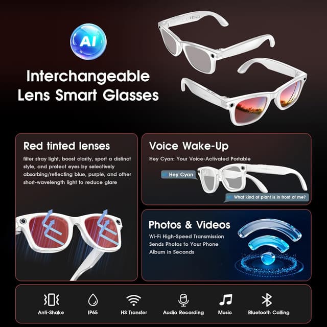 Detalle 2 de Tulbeys AI Smart Glasses with 4K HD Camera, 8MP Photo, Real-time Translation & Photochromic Lenses (White)