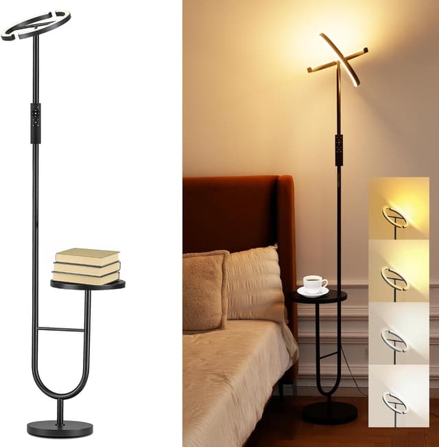 Detalle de LuminexDesigns Floor Lamp with Shelf, 36W Dimmable LED (Remote, 360° Head) — Modern Black Corner Uplighter