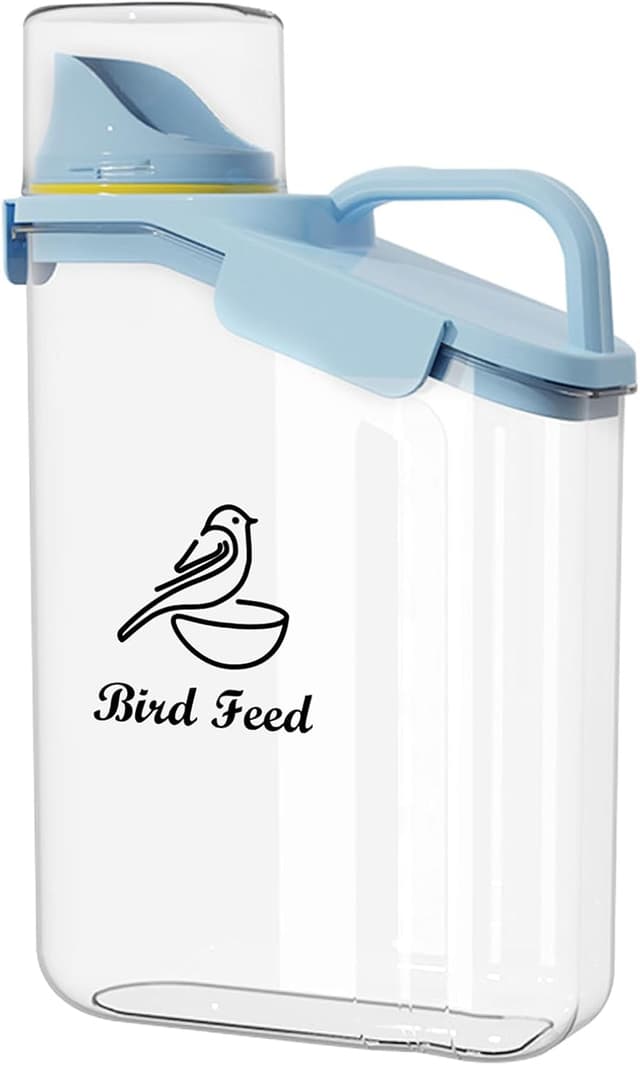 Detalle de Geyecete Bird Seed Storage Container 2.8 L (3 Qt) – Clear Plastic Airtight Jar with Measuring Cup & Blue Lid