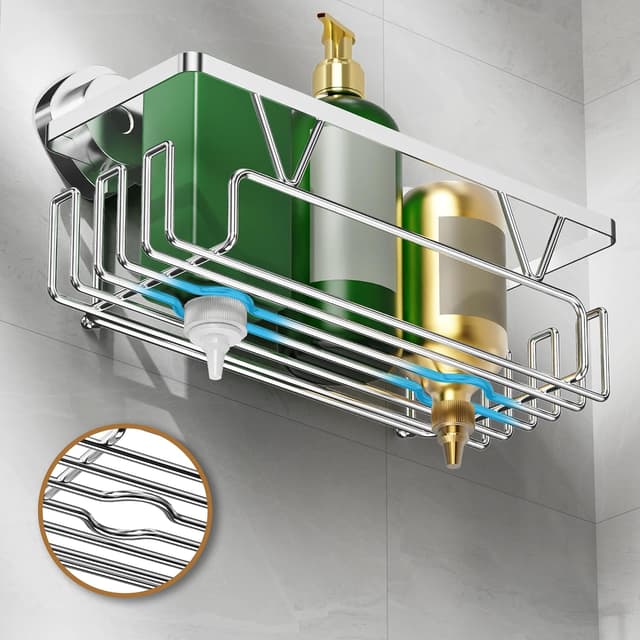Detalle 2 de ZUNTO Wall-Mounted Shower Caddy with Strong Suction Cups (Silver) – waterproof suction storage with hooks and quick-drying rack