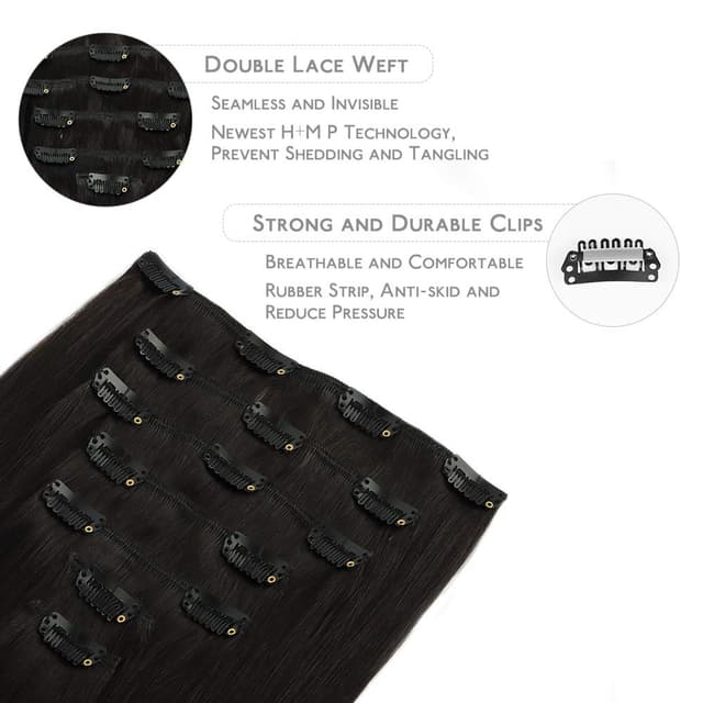 Detalle de WENNALIFE Clip-in Echthaar Extensions (7-teilig), 35 cm, natürliches Schwarz