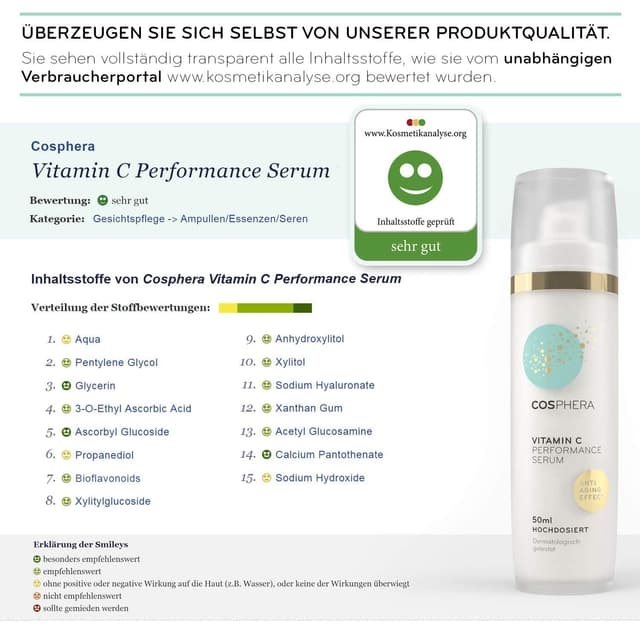 Detalle de Cosphera Vitamin C Performance Serum hochdosiert 50 ml – Vitamin-C-Konzentrat-Gel mit Hyaluronsäure