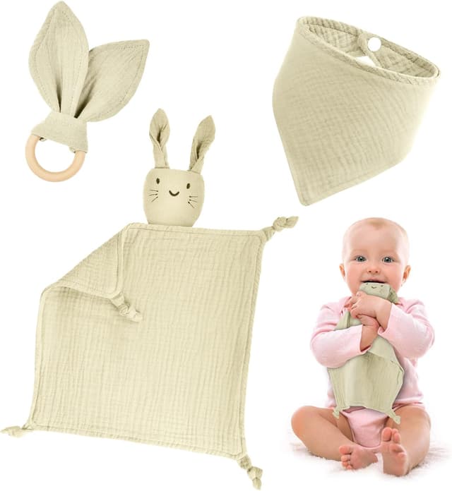 Detalle de Vicloon Doudou Neonato set 3 pezzi coniglio: copertina, bavaglino e massaggiagengive in legno di faggio