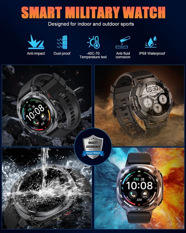 Thumbnail 6 de Military Smart Watches for Men (Answer/Make Calls) 1.39–1.45" HD Fitness Watch with 114+ Sports Modes, IP68 (Black)