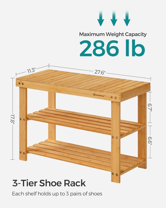 Detalle de SONGMICS Shoe Rack Bench (ULBS04N) 3-Tier Bamboo Storage Organizer Bench for Entryway