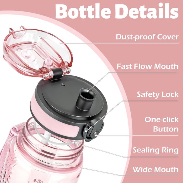Detalle de Oldley 750ml/25oz Sports Water Bottle (BPA-free, leakproof, time markings) – Transparent Pink