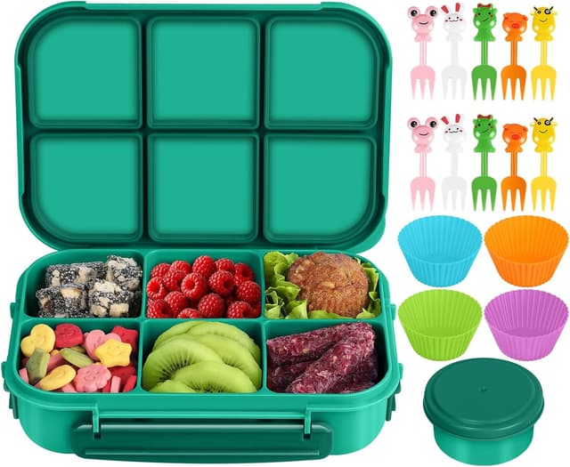 Detalle de Amathley kids bento lunch box with 6 compartments, leakproof divider design and sauce pot (green)