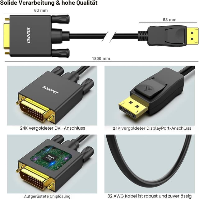 Detalle 2 de BENFEI DisplayPort-auf-DVI-Kabel 1,8 m đ