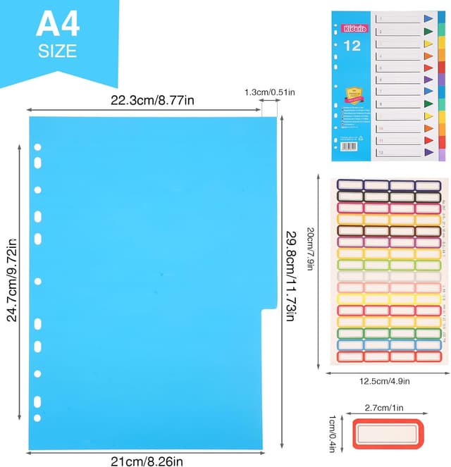 Detalle de A4 File Dividers 6 Pack (12-Part) Coloured Plastic Index Dividers with Sticky Notes for Ring Binders and Lever Arch Files