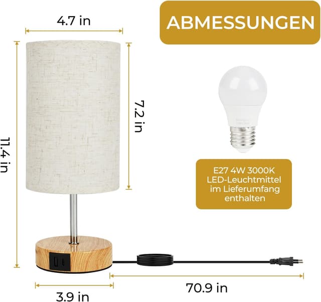 Detalle de Suright Touch-dimmbare LED-Nachttischlampe im 2er-Set mit USB-A & USB-C