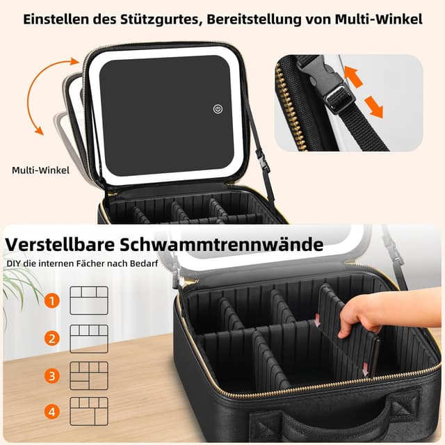 Detalle de Suupvaor Reisekosmetiktasche mit beleuchtetem Spiegel und 3 Farbmodi (dimmbares Licht)