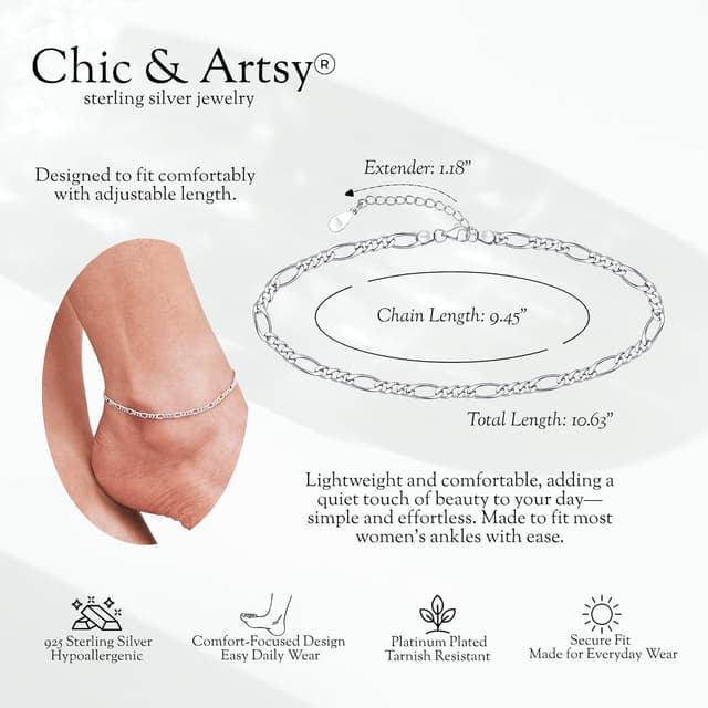 Detalle de CHIC & ARTSY Damen Fußkettchen Armband aus 925 Sterling Silber – verstellbar, Geschenkbox