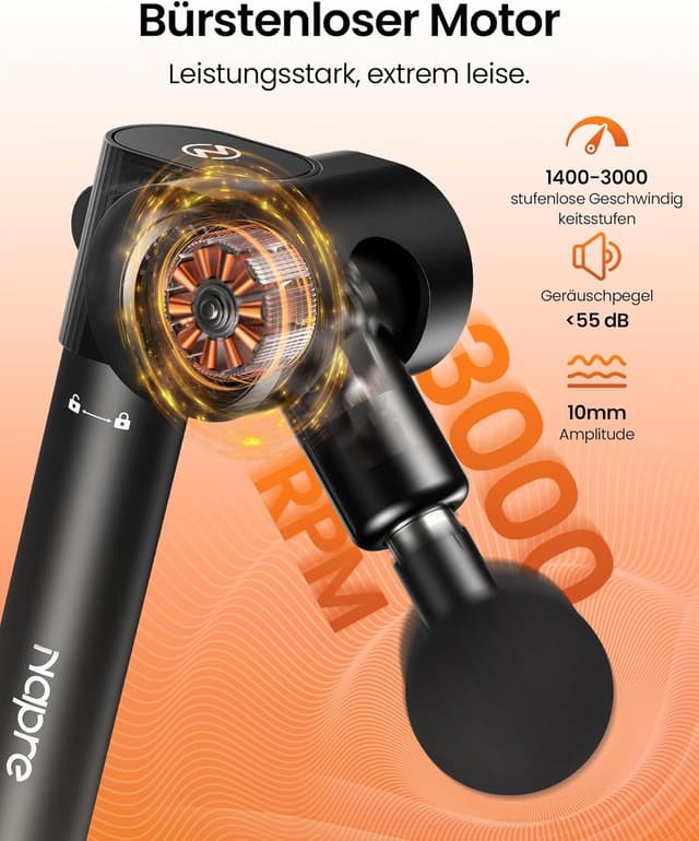 Detalle 2 de Napre faltbare Massagepistole mit Verlängerungsgriff, 32 Geschwindigkeiten & 6 Aufsätzen