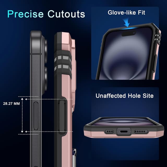 Detalle 2 de DEERLAMN iPhone 16 Armor Case with Sliding Camera Cover + Rotating Ring Kickstand (2 Pack Screen Protectors) – Rose Gold