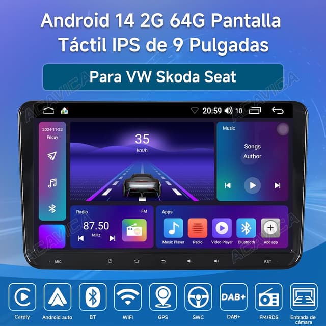 Detalle de ACAVICA Autoradio 2 DIN da 9" Android 14 con Wireless CarPlay/Android Auto e comandi volante (per VW/Skoda/Seat)