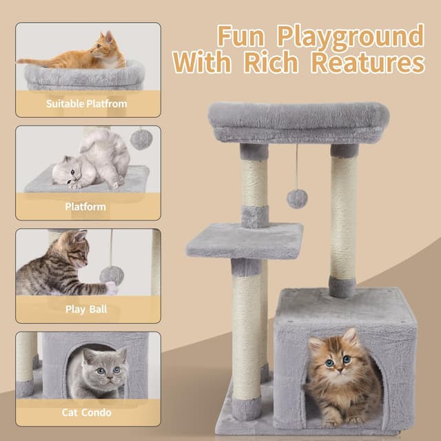 Detalle 2 de FISH&NAP Cute Cat Tree Kitten Tower with Sisal Scratching Posts and Jump Platform (Indoor Cat Condo, Grey)