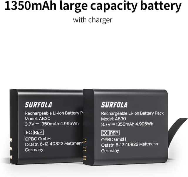 Detalle 2 de Batteries rechargeables Surfola (compatible Wolfang) 1350 mAh pour caméra sport – pack de 2 + chargeur USB double