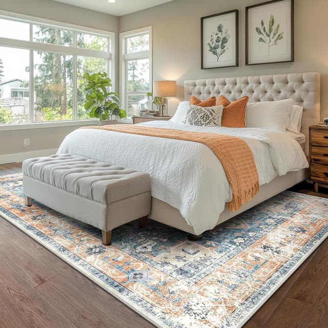 Detalle de XSIVOD Blue Area Rug 240 x 300 cm – washable non-slip vintage-style low pile for living room, bedroom & dining room