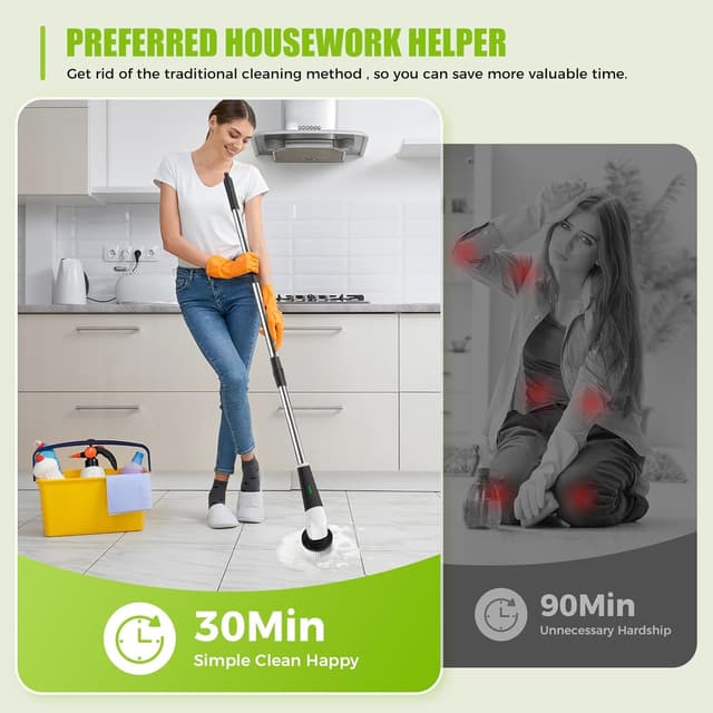 Detalle 2 de YKYI Cordless Electric Spin Scrubber with Adjustable Handle, 2 Speeds & 8 Brush Heads (IPX7)