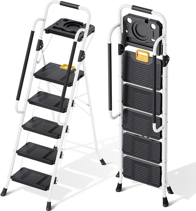 Detalle de KINGRACK Folding 5-Step Ladder Step Stool with Safety Lock (800 lbs Capacity) – White