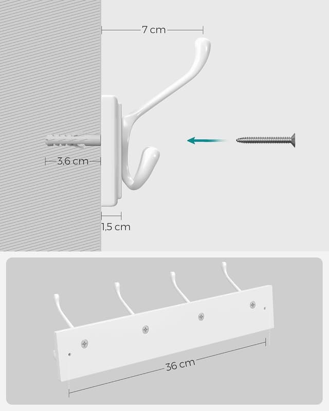 Detalle de SONGMICS Appendiabiti da Parete LHR30WT bianco nuvola, con 4 ganci tripli in metallo