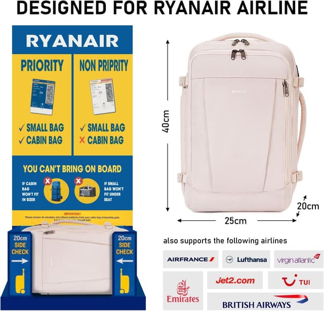 Detalle 2 de ECOHUB 20L Max Ryanair Cabin Bag 40 x 20 x 25cm Underseat Backpack with USB Port (Beige)