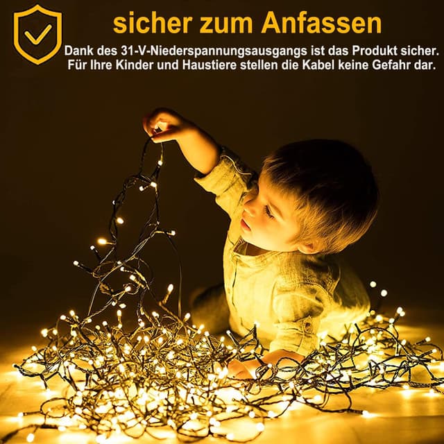 Detalle de Meision Lichterkette Außen Strom 20 m (200 LEDs) mit 8 Modi, Timer & Speicherfunktion (Warmweiß, IP44)
