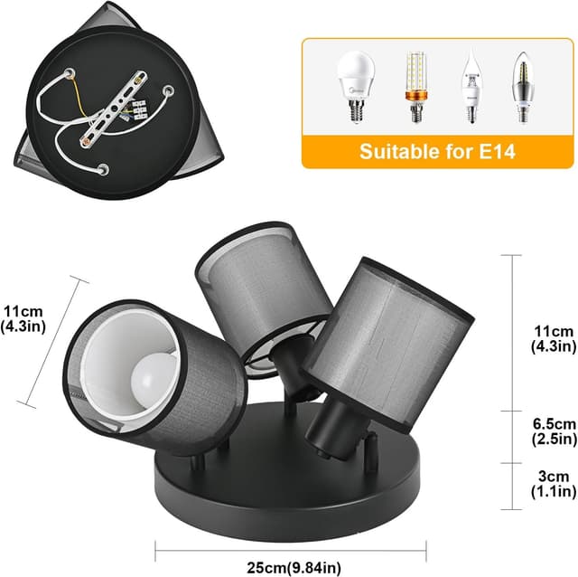 Thumbnail 6 de Doughelec Deckenlampe/Deckenstrahler 3-flammig für Flur, schwarz – schwenkbar (E14, ohne Leuchtmittel)
