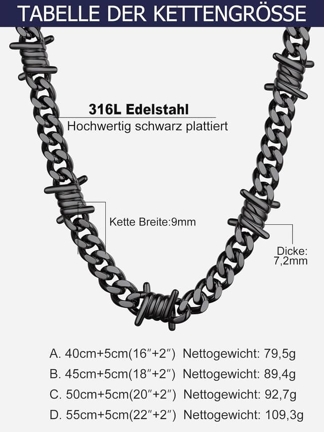 Detalle 2 de Bandmax Herren-Kette aus 316L Edelstahl mit Dornen-Panzeroptik (Kubaner/Kubanische Kette) – 9 mm breit