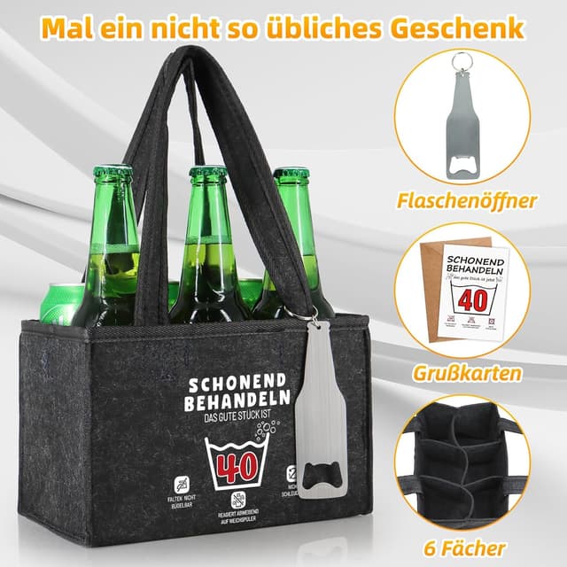 Detalle de WenmthG Bier-Geschenktasche zum 40. Geburtstag mit Flaschenöffner, Filz & Grußkarten für 6 Getränkeflaschen