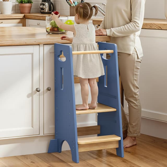 Detalle de COSYLAND Height Adjustable Toddler Standing Tower (3 Levels) – Super Stable Wooden Kitchen Stool Helper