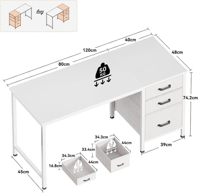 Detalle de Coleshome Computer Desk with Drawers (120×48cm) with Reversible Storage