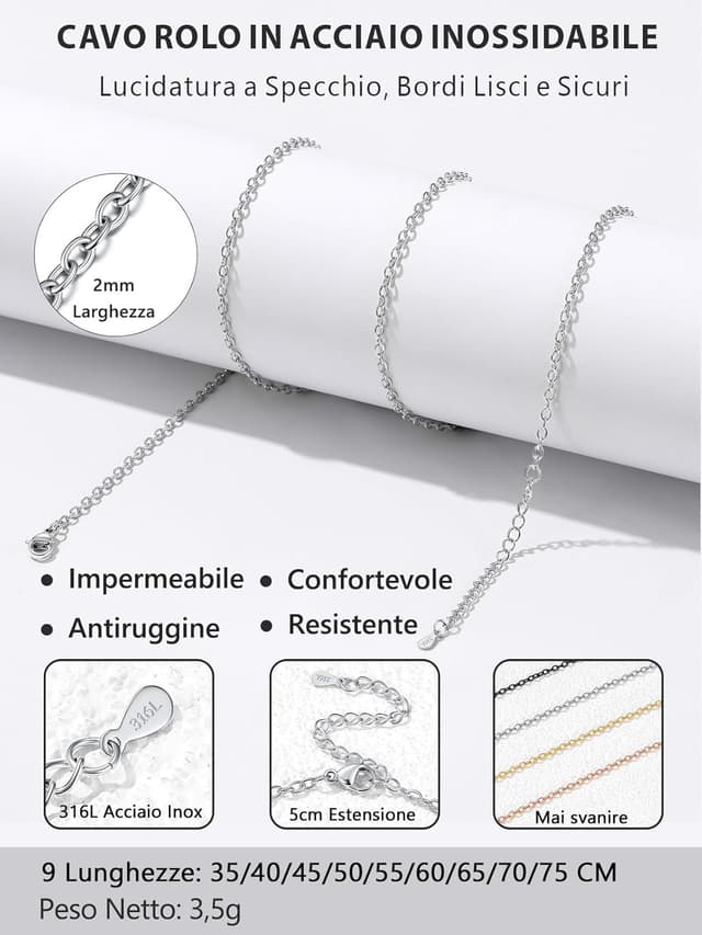 Detalle de Silvora Catenina in acciaio 316L 2 mm argento/nero/oro/oro rosa, lunghezze 35–75 cm