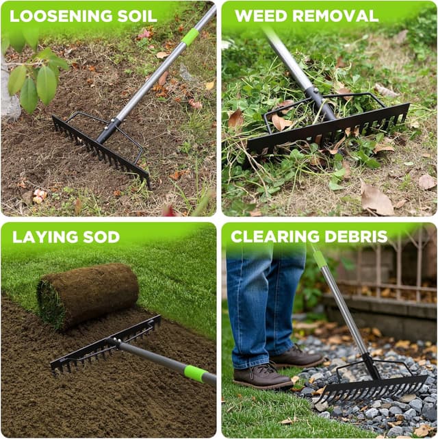 Detalle de WORKPRO 165 cm Adjustable Garden Rake with 17 Metal Tines and Heavy-Duty Steel Handle