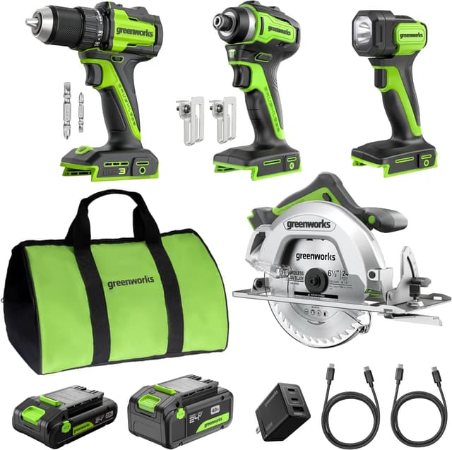 Detalle de Greenworks 24V Set d’outils sans fil 4 pièces (perceuse à percussion, visseuse sans balais, scie circulaire 6,5”, lampe LED) + batteries 4,0Ah/2,0Ah