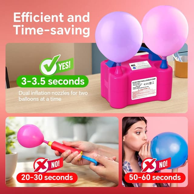 Detalle 2 de HXHWISE Electric Balloon Pump (220V 600W) with Double Nozzle for Party Decorations – Rose Red
