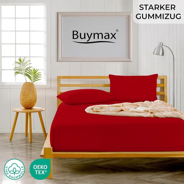 Detalle de Buymax Spannbettlaken Doppelpack 80x200 cm aus 100 % Baumwolle, rot – passend bis 25 cm Matratzenhöhe
