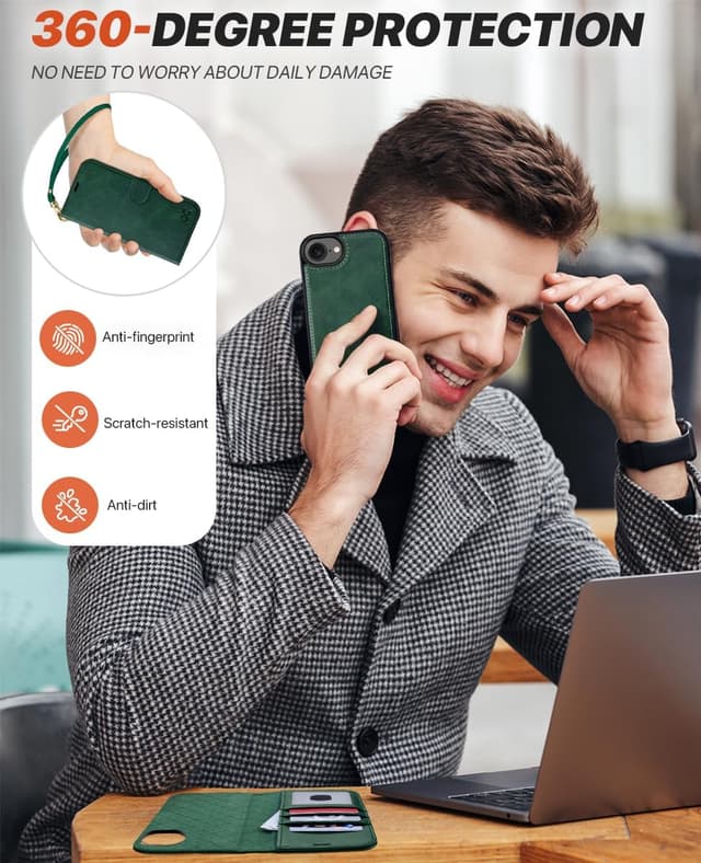 Detalle de OCASE 2-in-1 iPhone 16e/17e Handyhülle mit Kartenfach, abnehmbarer magnetischer Wallet & Handschlaufe – Dunkelgrün