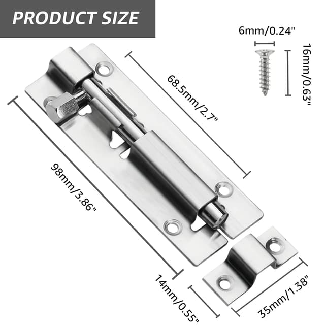 Detalle 2 de JelKen 2 Pack Door Lock Bolts (4 inch / 100mm) – 304 Stainless Steel Latch Bolts with Screws