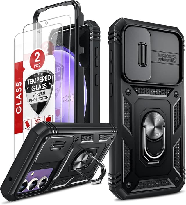 Detalle de LeYi Military-Style Case for Samsung Galaxy S23 FE with Camera Lens Slider + 2-Pack Tempered Glass & Ring Stand (Black)