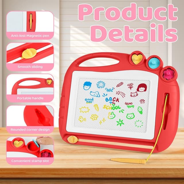 Detalle de OFFCUP Magnetic Drawing Board for Toddlers (Red) – Portable doodle pad with pen and stamps, ages 1+