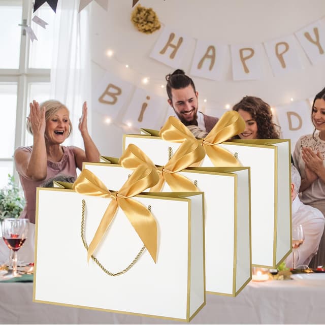 Detalle de TACHIO 10 Pack luxury gift bags with golden bow ribbon (white), 32x25x10cm