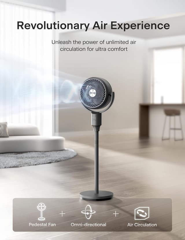 Detalle de PELONIS Pedestal Fan (Ultra OmniFlow) with Remote, Auto Oscillation, 3 Speeds, 7H Timer, Adjustable Height