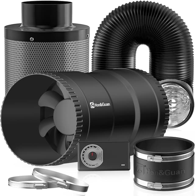 Detalle de Hon&Guan kit complet de ventilateur tubulaire en ligne 150 mm (587 m³/h) avec variateur et filtre à charbon actif