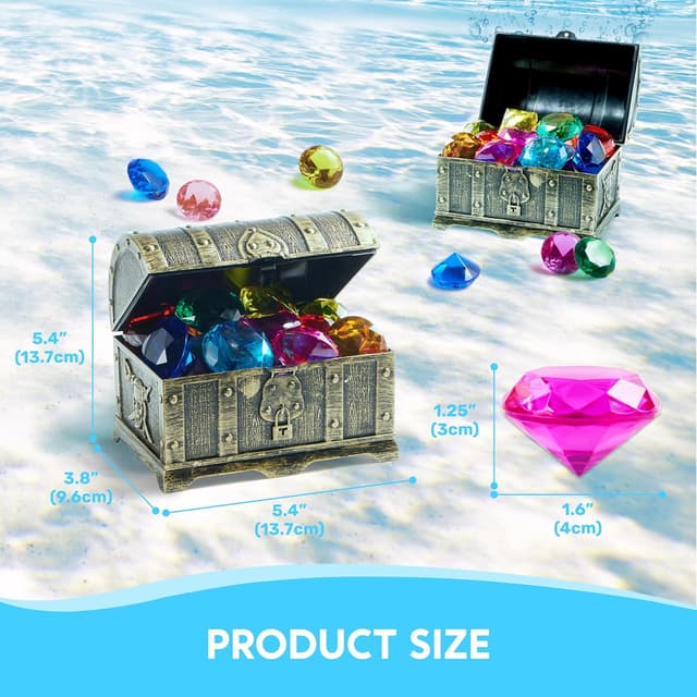 Detalle de Sloosh Diving Toy Gemstone Set: 16 Big Colourful Diamond Gems with Pirate Treasure Chest Box
