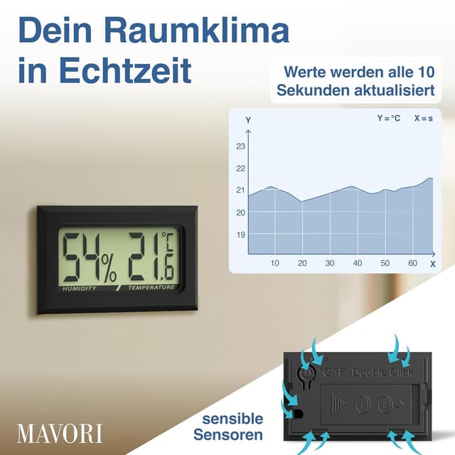 Detalle de MAVORI 5er-Set Mini Thermo-Hygrometer digital (2-in-1) für Temperatur & Luftfeuchtigkeit