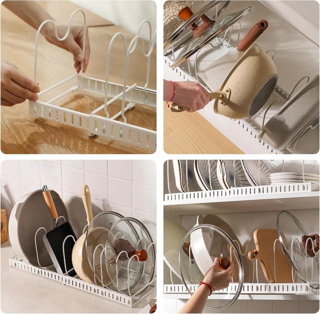 Detalle 2 de MENGCOOL Expandable Pans Organiser Rack with 10 Adjustable Dividers (White)