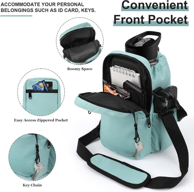 Detalle 2 de RZMAYIS 32/40oz insulated water bottle carrier bag with phone pocket (Green) — crossbody sling for hiking & walking