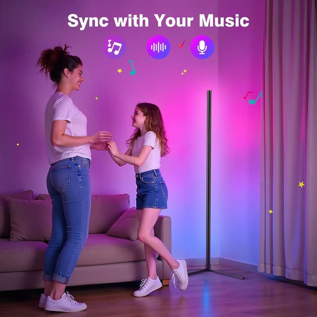 Detalle 1 de Riyo corner floor lamp — smart LED RGB with app & remote, music sync and adjustable height